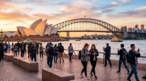 tourists using smartphones with mobile internet near sydney opera house and harbour bridge