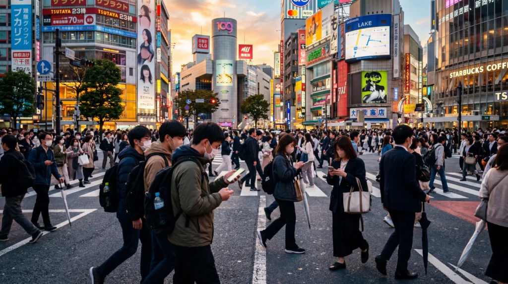 tourists using smartphones with mobile internet at shibuya crossing tokyo