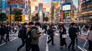 tourists using smartphones with mobile internet at shibuya crossing tokyo