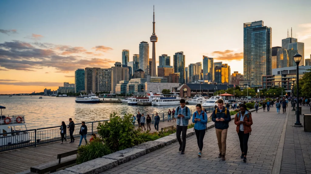 tourists using smartphones with mobile internet near cn tower toronto