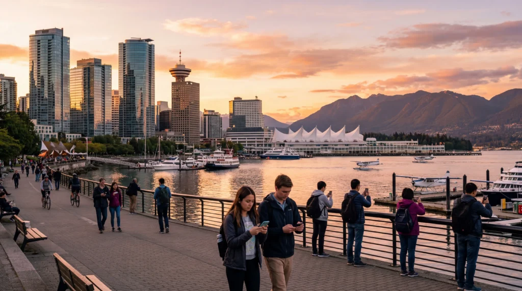 tourists using smartphones with mobile internet near vancouver waterfront skyline