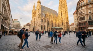 tourists using smartphones with mobile internet near st stephens cathedral vienna