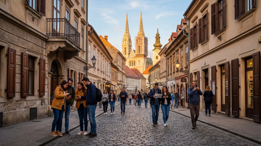 tourists using smartphones with mobile internet in zagreb city center