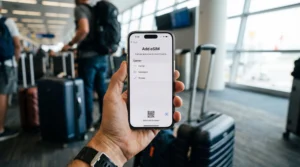 Modern iPhone showing eSIM activation screen held by traveler in airport terminal.