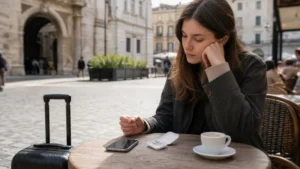 Traveller considering mobile connectivity options at a European café.