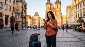 traveler in europe using smartphone with esim and mobile internet in city square