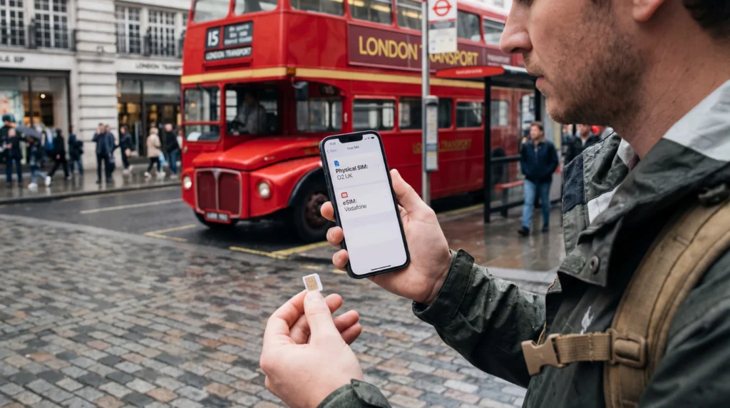 Tourist comparing local SIM card and eSIM on smartphone in London United Kingdom.