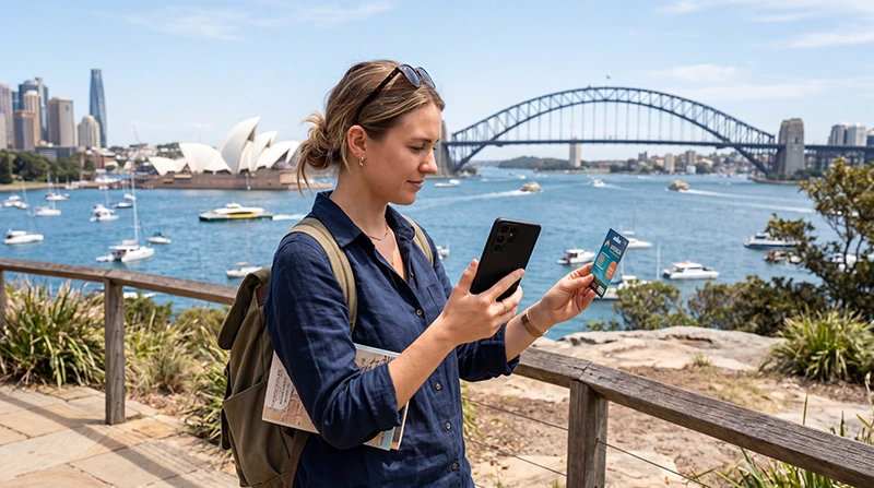 Traveler comparing local SIM card and eSIM options for Australia travel