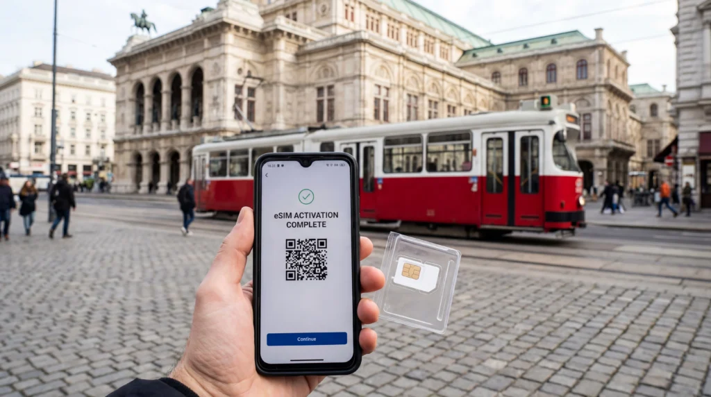 Tourist comparing local SIM card and eSIM on smartphone in Vienna Austria city center.