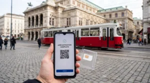 Tourist comparing local SIM card and eSIM on smartphone in Vienna Austria city center.