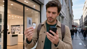 Traveller comparing a physical SIM with an eSIM outside a phone shop.