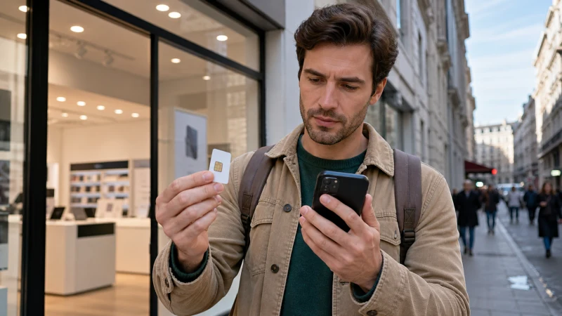 Traveller comparing a physical SIM with an eSIM outside a phone shop.