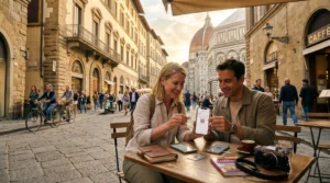 tourists comparing local sim card and esim for travel in europe