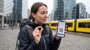 Tourist comparing local SIM card and eSIM on smartphone on a street in Berlin Germany.