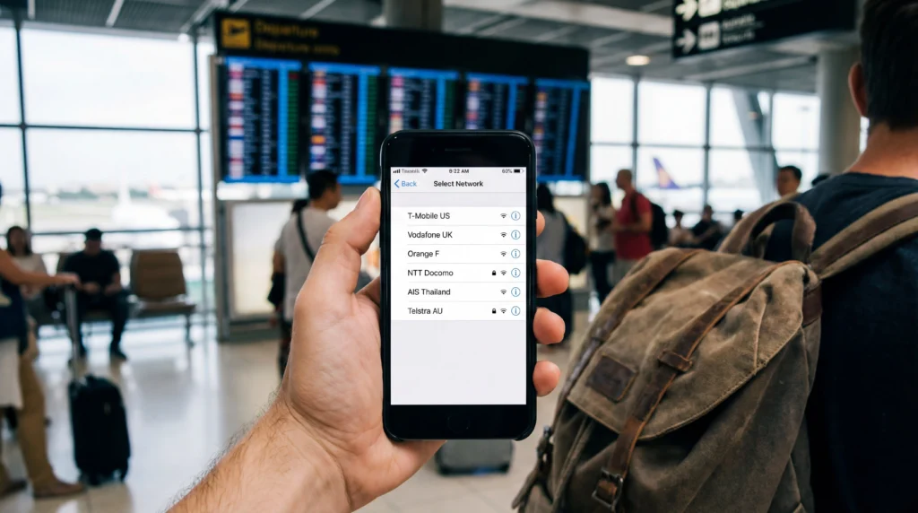 Smartphone showing manual network selection screen used to fix eSIM connection problems.