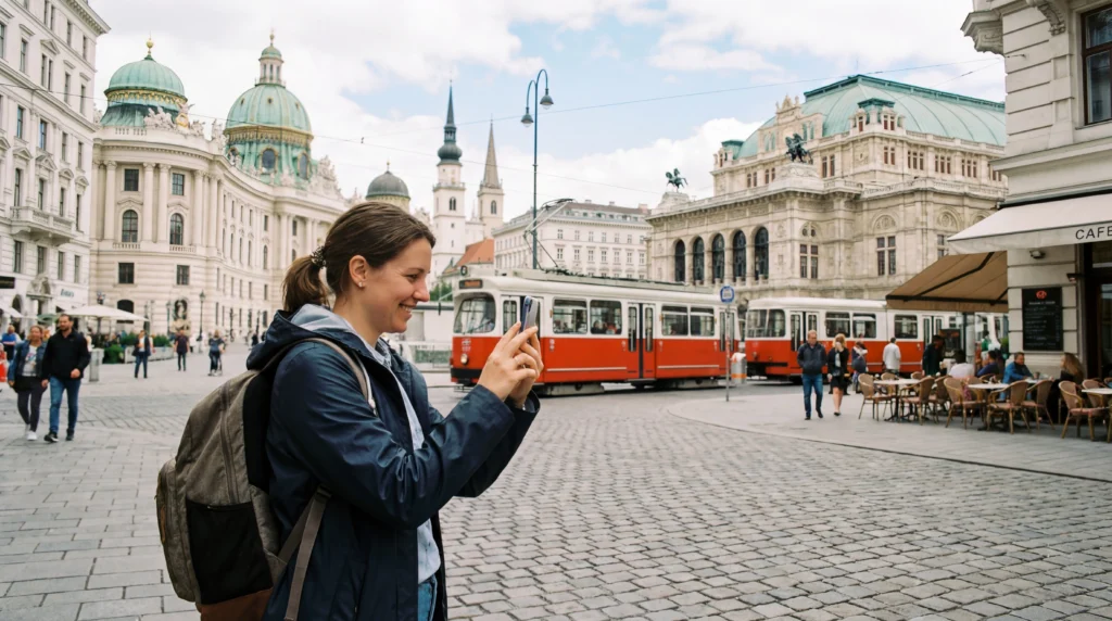 Tourist using smartphone with mobile internet connection in Vienna Austria city center.