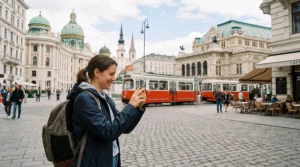 Tourist using smartphone with mobile internet connection in Vienna Austria city center.