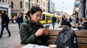 student checking mobile internet data usage and cost while studying abroad
