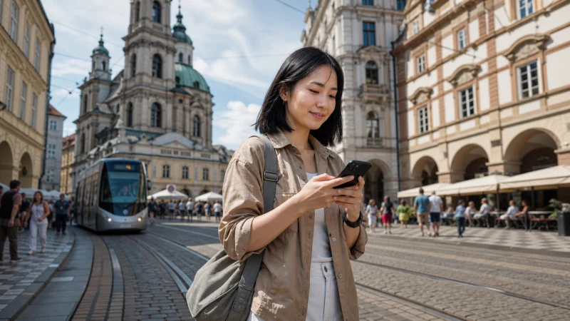 International visitor using mobile internet in a European city square.