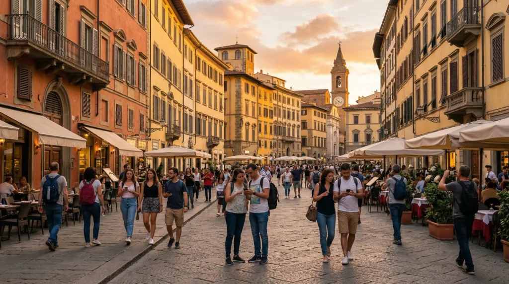 tourists using smartphones with mobile internet while traveling in europe