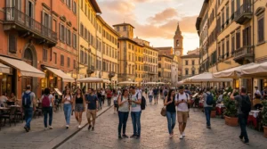 tourists using smartphones with mobile internet while traveling in europe