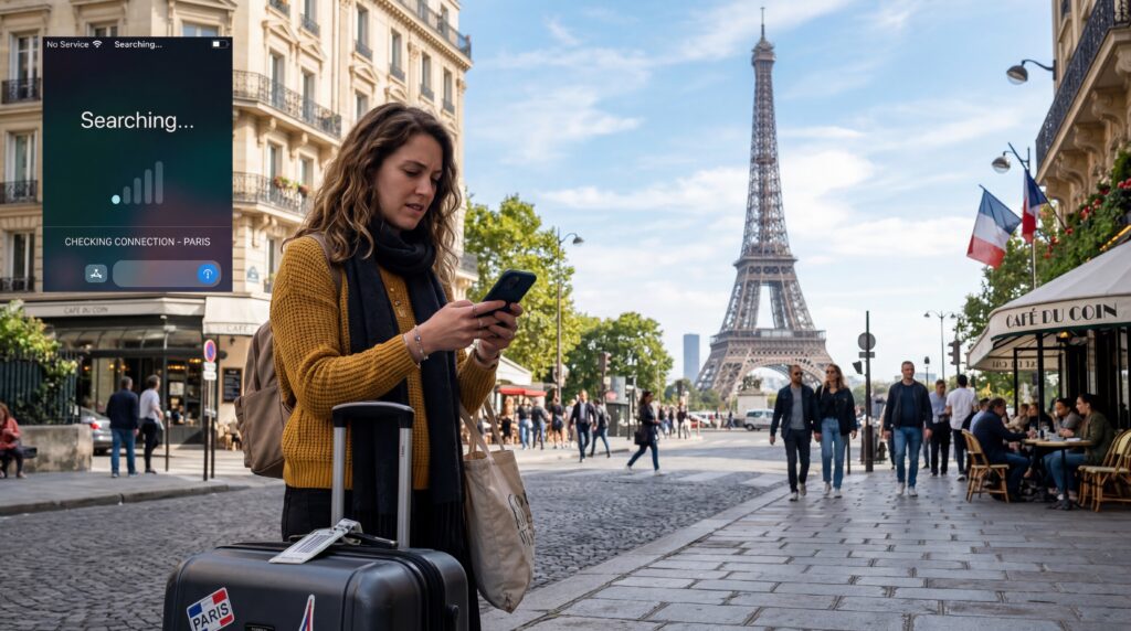 Traveler using smartphone for mobile internet in Paris France with the Eiffel Tower in the background.