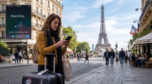 Traveler using smartphone for mobile internet in Paris France with the Eiffel Tower in the background.