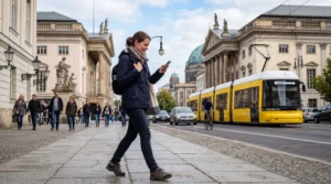 Tourist using mobile internet on smartphone while walking in Berlin Germany.
