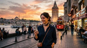 Traveler using mobile internet and eSIM connectivity while exploring Istanbul in Turkey.