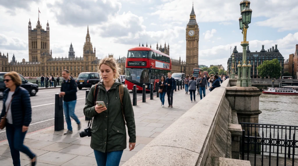 Tourist using mobile internet on smartphone while walking in London United Kingdom.