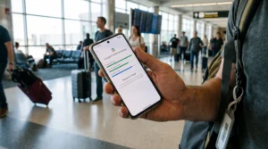 Google Pixel smartphone showing eSIM activation screen held by traveler at airport.