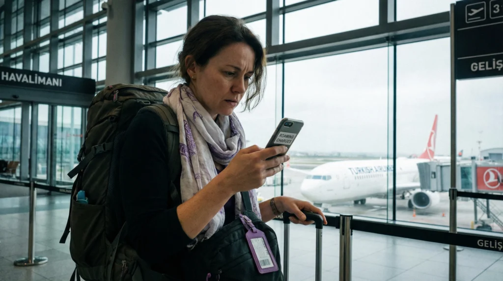 Traveler checking mobile roaming charges while arriving in Turkey