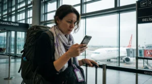 Traveler checking mobile roaming charges while arriving in Turkey