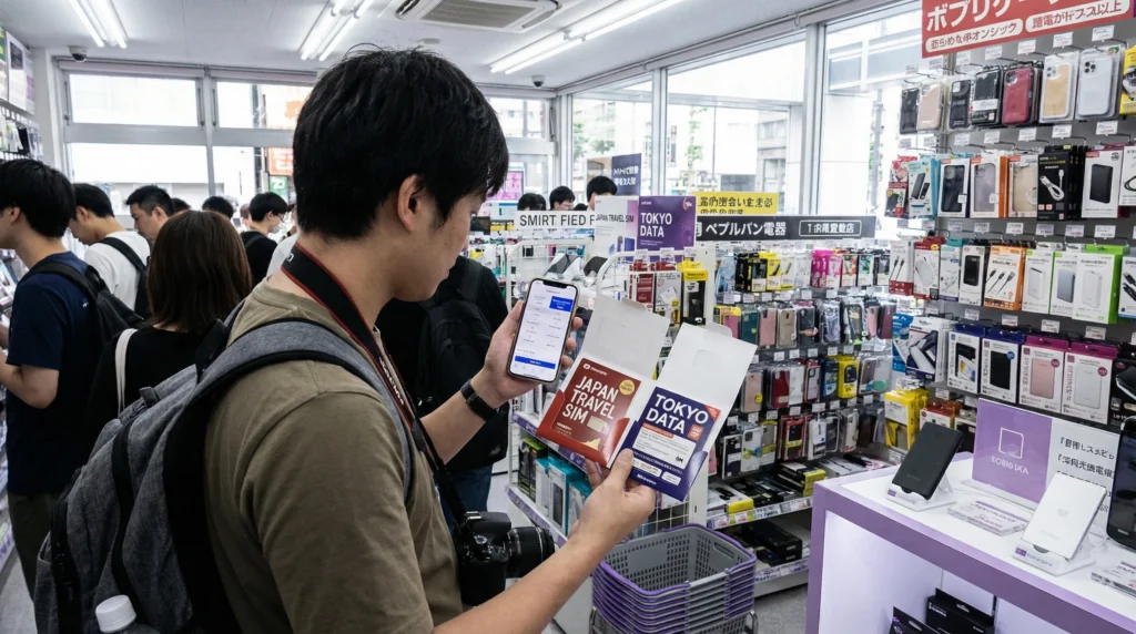 Tourist choosing a SIM card for mobile internet in Tokyo Japan