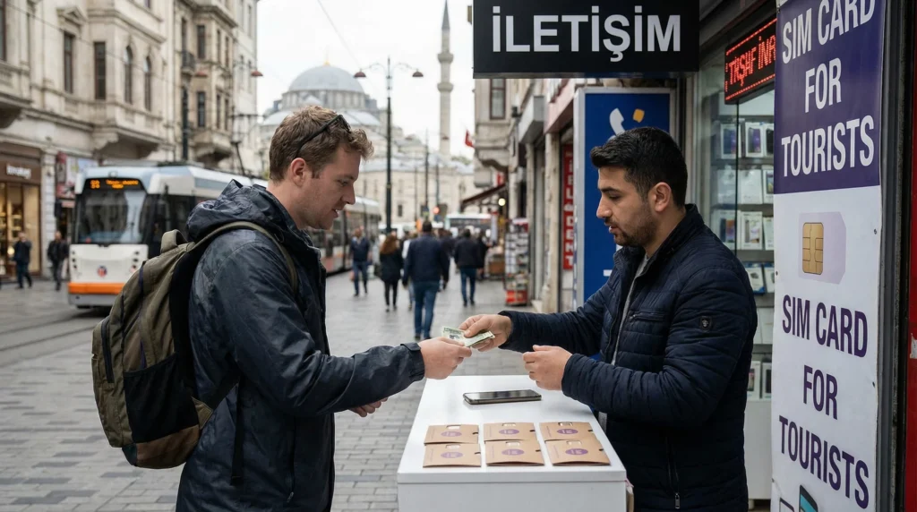 Tourist buying a SIM card from a mobile operator store in Istanbul