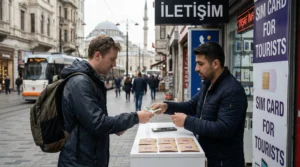 Tourist buying a SIM card from a mobile operator store in Istanbul