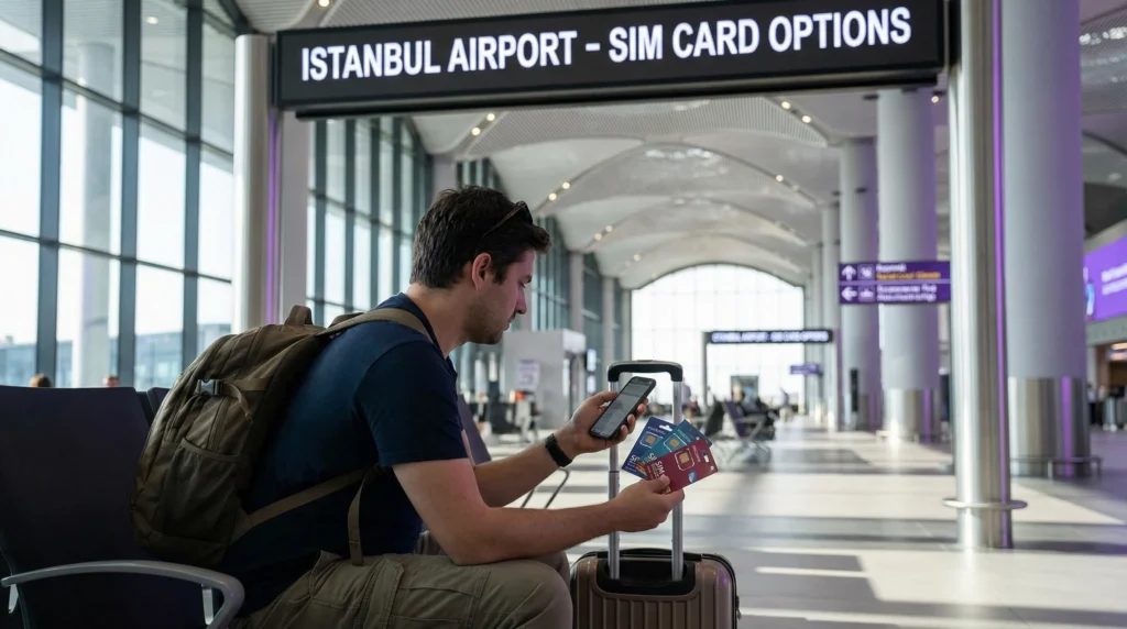 Tourist choosing a SIM card for mobile internet while traveling in Turkey