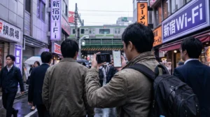 Tourist comparing pocket wifi router and smartphone for internet in Japan