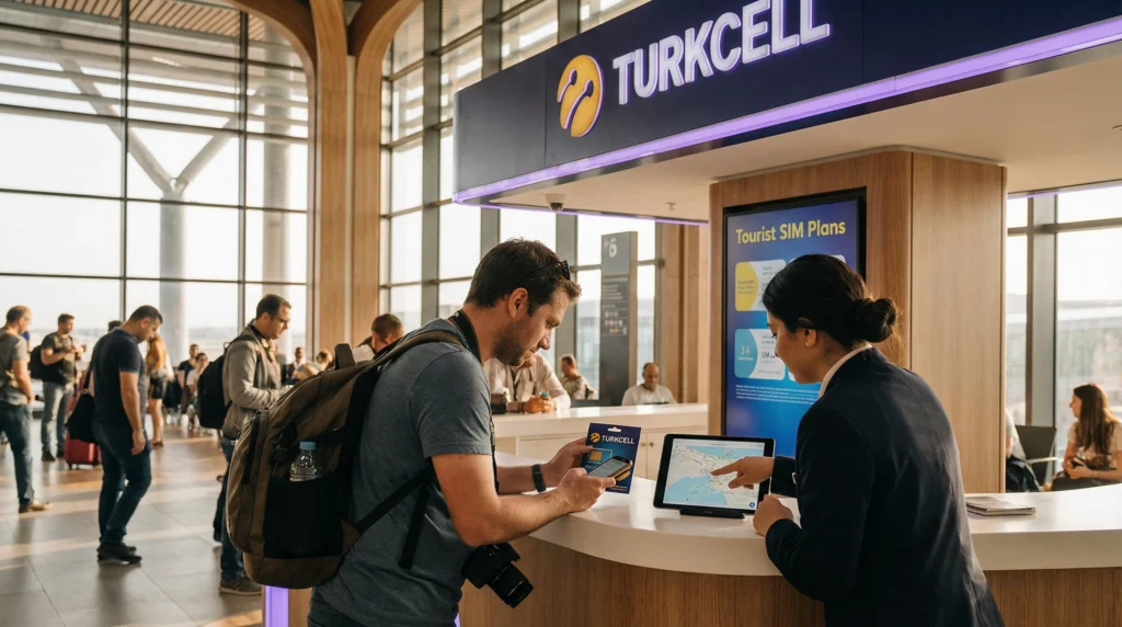 Tourist buying SIM card at Istanbul Airport mobile operator store
