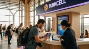 Tourist buying SIM card at Istanbul Airport mobile operator store