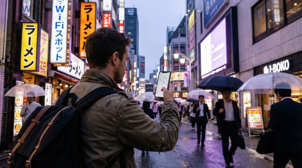 Tourist using smartphone with mobile internet in Tokyo Japan
