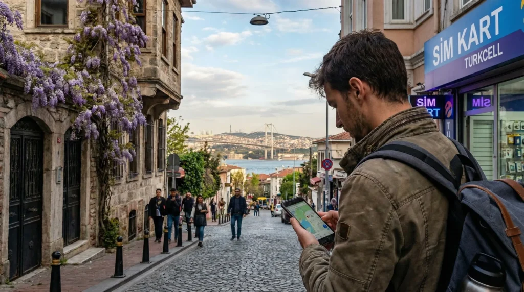 Tourist using smartphone with mobile internet while traveling in Istanbul