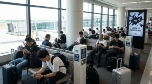 Passengers using free WiFi on smartphones inside Narita Airport terminal