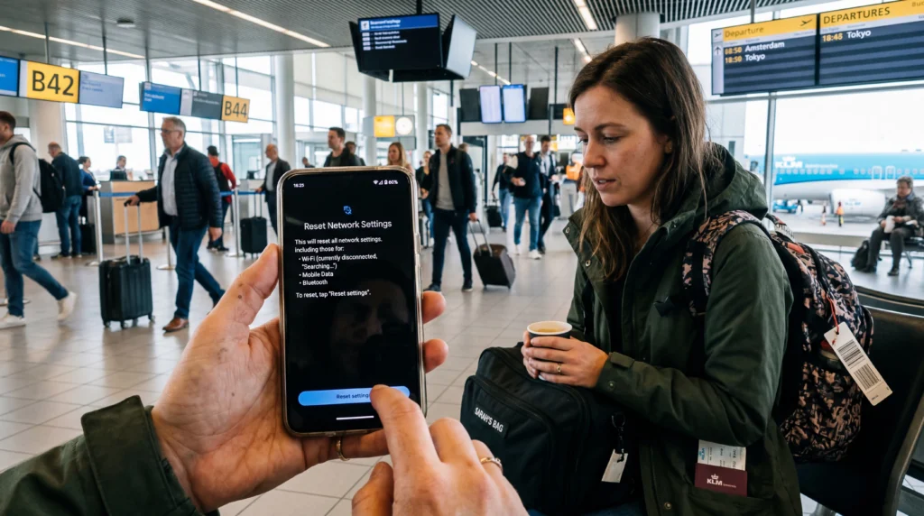 Smartphone screen showing reset network settings option used to fix eSIM connection problems.