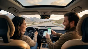 Travelers using mobile data and navigation apps during a road trip with eSIM connectivity