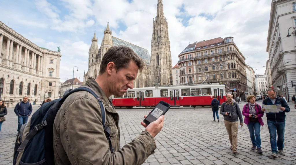 Tourist checking smartphone with roaming charges notification in Vienna Austria.