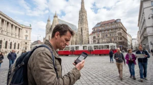 Tourist checking smartphone with roaming charges notification in Vienna Austria.