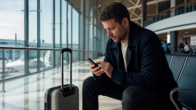 International traveller reviewing phone settings at a European airport.
