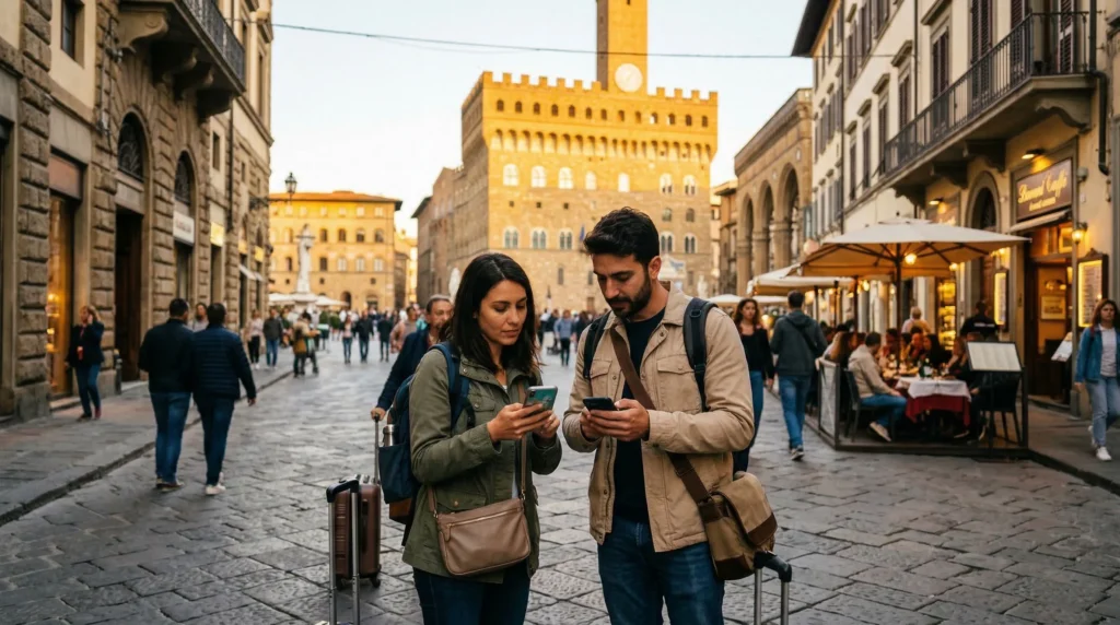 tourists checking roaming charges on smartphones while traveling in europe
