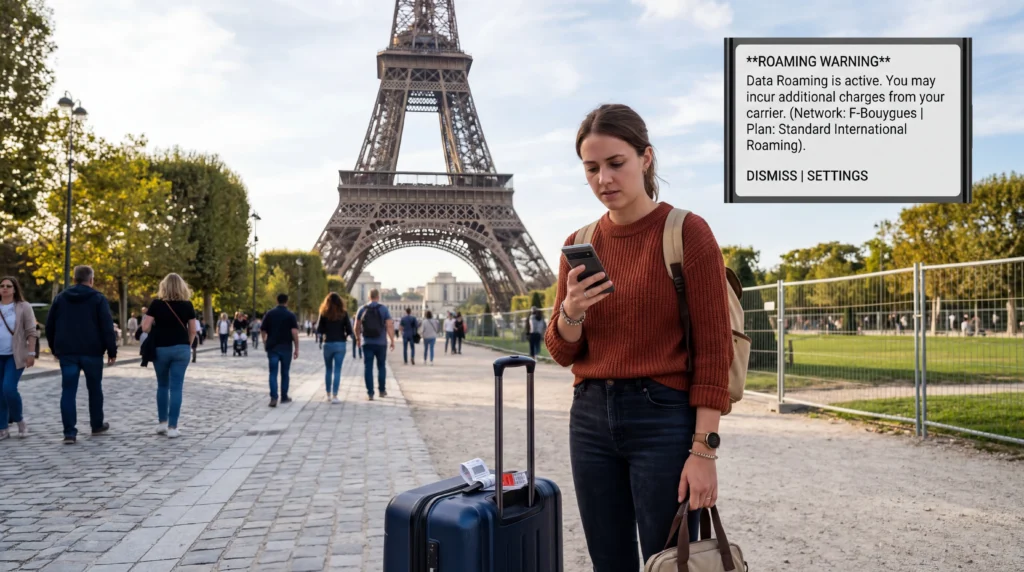 Traveler checking roaming charges on smartphone near the Eiffel Tower in Paris France.
